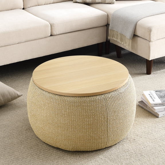 CZBZ Round Storage Ottoman, 2-in-1 End Table & Footrest, Handmade Natural Upholstered Stool with Removable Lid, No Assembly Required