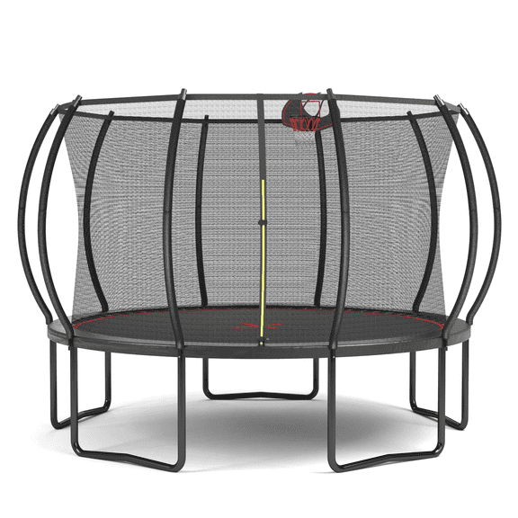 CZBZ 12FT Trampoline with Enclosure Net for Kids and Adults, Heavy Duty Outdoor Round Trampoline with Basketball Hoop, 10 Curved Poles, Anti-Rust Coating
