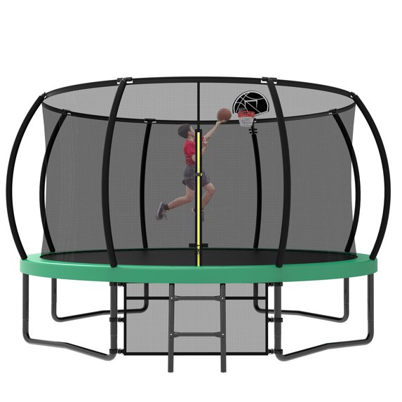 CZBZ Trampoline, 12FT 14FT 16FT 15FT Outdoor Trampoline for Kids and Adults with Enclosure, Basketball Hoop, Ladder, Pumpkin Trampolines with Curved Poles Heavy Duty Trampoline Anti-Rust Coating