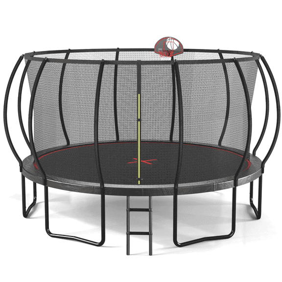CZBZ 16FT Trampoline with Enclosure Net for Kids and Adults, Heavy Duty Outdoor Round Recreational Trampoline with Basketball Hoop, Ladder, 12 Curved Poles, Anti-Rust Coating, 1580LBS Capacity