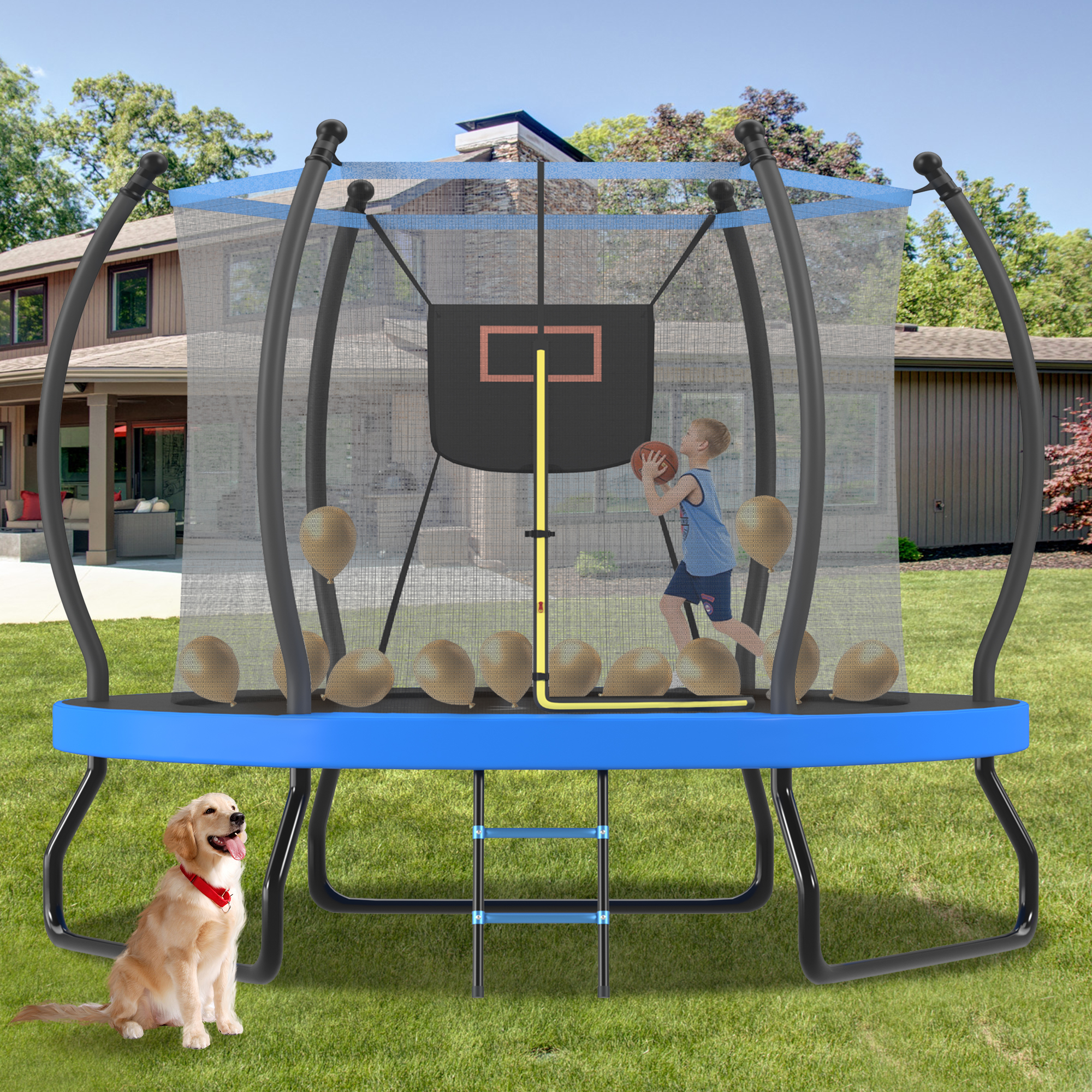CZBZ Trampoline for Kids Adults, 10FT Outdoor Trampoline with Enclosure Net, Basketball Hoop, Ladder, Anti-Rust Coated Recreational Backyard Round Heavy Duty Trampoline