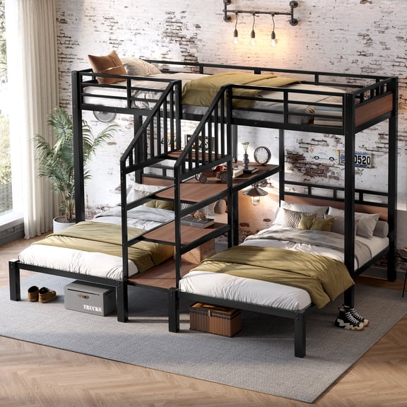 CZBZ Twin Over Twin Over Twin Triple Bunk Bed, Metal 3 Beds Bunk Bed with Storage Staircase & Shelves, Heavy Duty Frame with Safety Guardrails, Space Saving Bedroom Furniture for Teens, Black