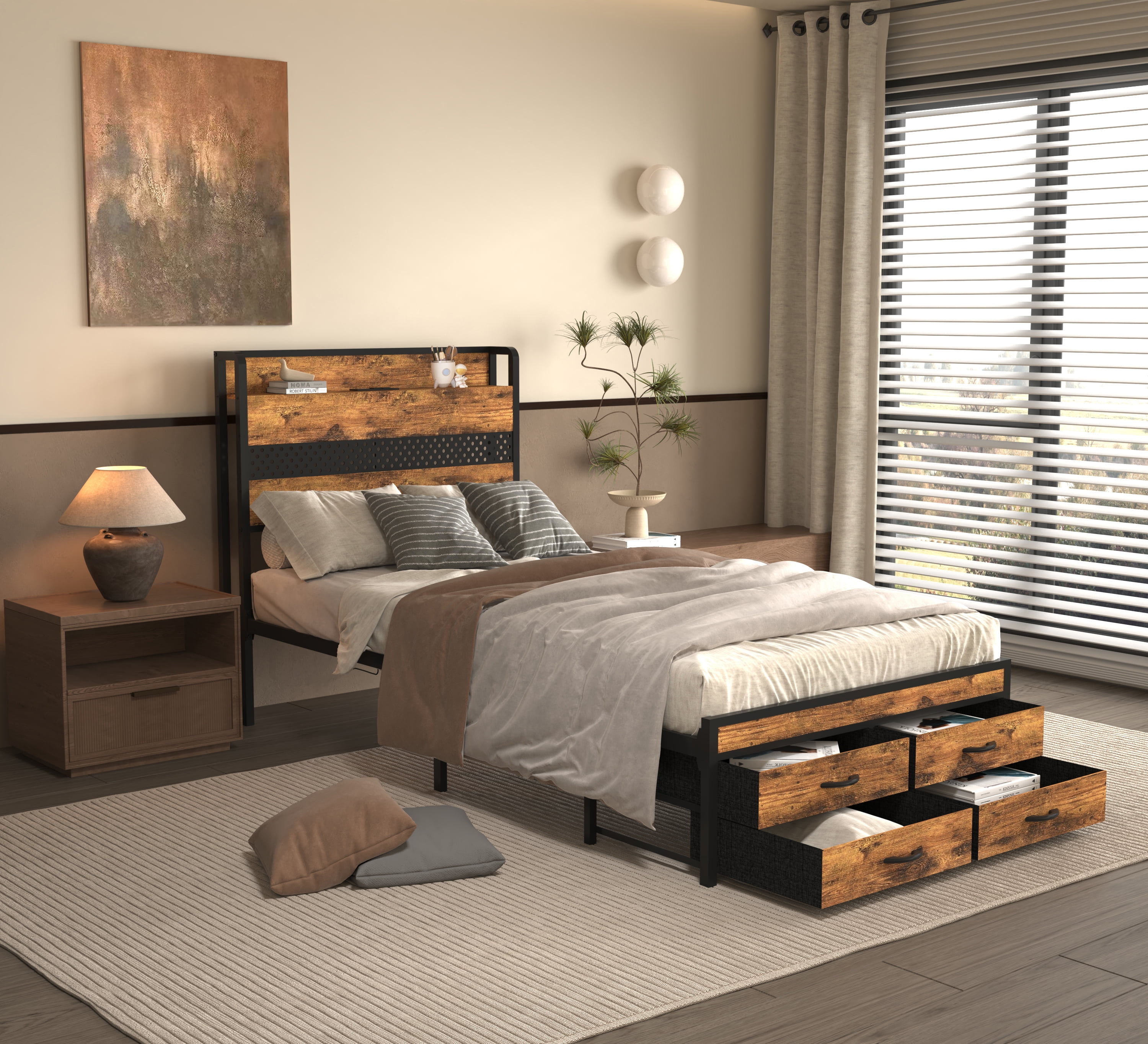 CZBZ Twin Bed Frame with 4 Storage Drawers, LED Headboard with USB ...