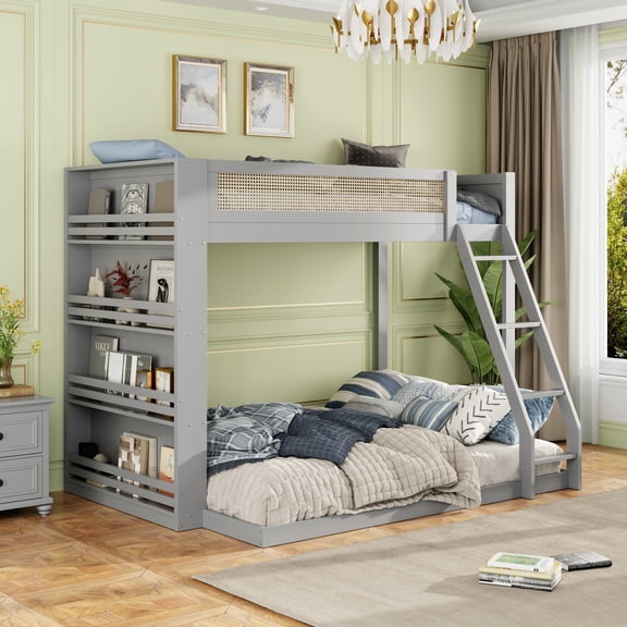 CZBZ Twin over Full Bunk Bed with Shelf and LED, Solid Wood Loft Bed with Rattan Style Guardrail, 400/600 LBS Capacity, Space Saving, Noise Free, Easy Assembly