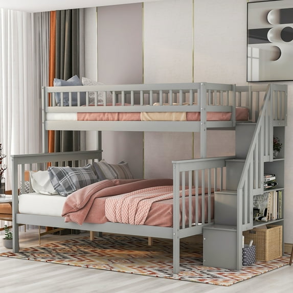 CZBZ Twin over Full Bunk Bed with Storage, Solid Wood Stairway Bunk Bed with Shelves, Convertible Bunk Bed, Noise Free, Easy Assembly, No Box Spring Required