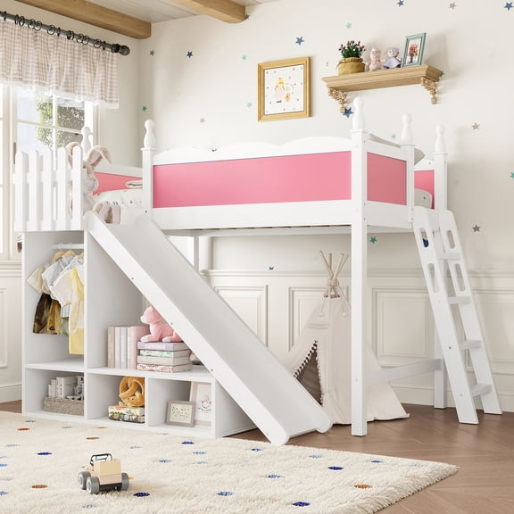 CZBZ Twin Loft Bed with Wardrobe & Storage Shelves, Solid Wood High Sleeper with Detachable Reversible Slide, Twin Bunk Bed Frame, 350LBS Capacity, No Box Spring Needed, Easy Assembly, Noise Free