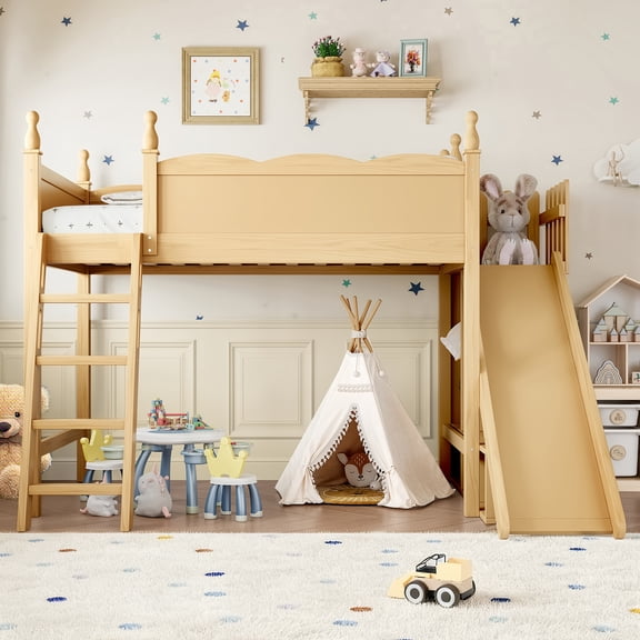 CZBZ Twin Loft Bed with Wardrobe & Storage Shelves, Solid Wood High Sleeper with Detachable Reversible Slide, Twin Bunk Bed Frame, 350LBS Capacity, No Box Spring Needed, Easy Assembly, Noise Free
