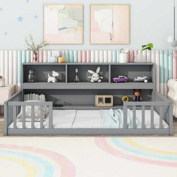 CZBZ Twin Montessori Floor Bed with Bedside Bookcase, Twin Size Wood Bed Frame with Shelves, Guardrails for Boys Girls, Grey