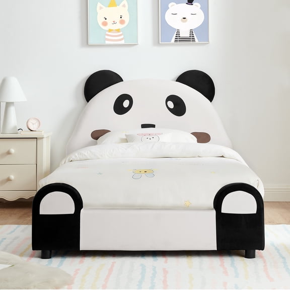 CZBZ Twin Size Bed Frame, Panda Shaped Cute Velvet Upholstered Solid Wood Bed Frame with Safety Soft Padded Edges for Bedroom Playroom, 300LBS Capacity, Easy Assembly, Noise Free