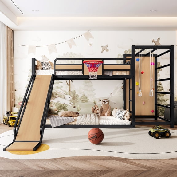 CZBZ Twin Size Metal Loft Bed with Slide & Basketball Hoop, Twin Loft Bed with Climbing Wall, Pull-up Rings & Bookshelves, No Box Spring Needed, Noise Free, Easy Assembly, 350LBS Capacity