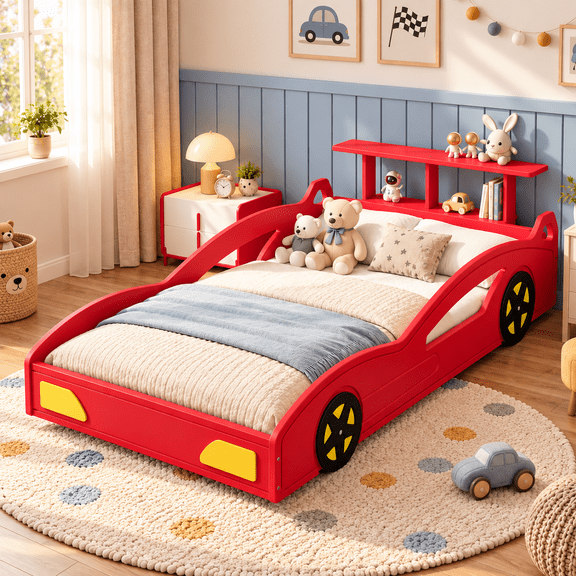 CZBZ Twin Size Race Car Bed Car-Shaped Platform Bed Frame with Wheels & Safety Guardrails, Sturdy Wood & MDF Construction, No Box Spring Needed, Fun Bedroom Furniture for Boys & Girls