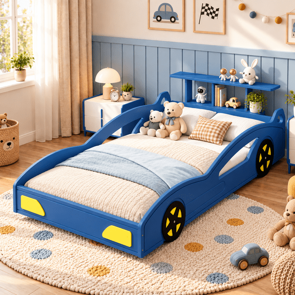 CZBZ Twin Size Race Car Bed Car-Shaped Platform Bed Frame with Wheels & Safety Guardrails, Sturdy Wood & MDF Construction, No Box Spring Needed, Fun Bedroom Furniture for Boys & Girls