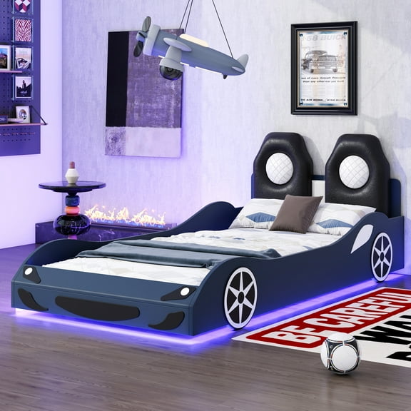 CZBZ Twin Size Race Car-Shaped Platform Bed with LED Lights & Upholstered Backrest, Solid Pine Wood Bed Frame with Safety Rails, Sturdy No Box Spring Needed, Fun Bedroom Decor for Boys & Girls