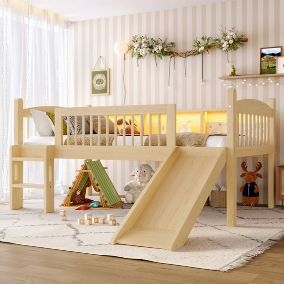 CZBZ Twin Solid Wood Low Loft Bed with Storage Shelves & LED Lights, Natural Pine Wood High Sleeper with Full-Length Guardrails, 350LBS Capacity, No Box Spring Needed, Easy Assembly, Noise Free