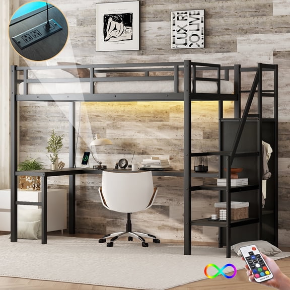 CZBZ Twin XL Metal Loft Bed with L-Shaped Desk, USB & LED Lights, High Sleeper with Wardrobe & Adjustable Shelf, Reversible Staircase Storage, Heavy Duty 350LBS Capacity, Easy Assembly, Noise Free