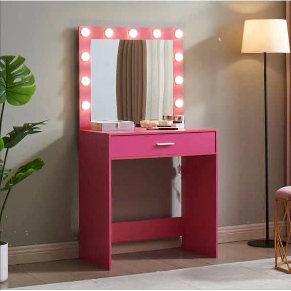 CZBZ Vanity Desk with Mirror and Lights, Dressing Table with Large Drawer, 1 Level Storage Dresser & 3 Lighting Modes Adjustable Brightness, Suitable for Bedroom(Pink)