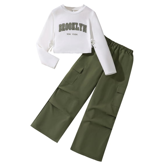 CZGDER Girls Clothes 2 Piece Outfit Ribbed T-Shirt Top Cargo Pants, Girls Fall Clothing Set, Dark Green Size 8-9 Years