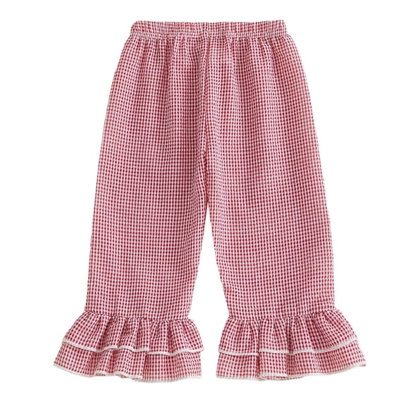 CZGDER Kids Toddler Girls Ruffle Flare Pants Casual Gingham Plaid Seersucker Pants Elastic Waist Loose Bottoms Trousers, Red Size 2-3 Years