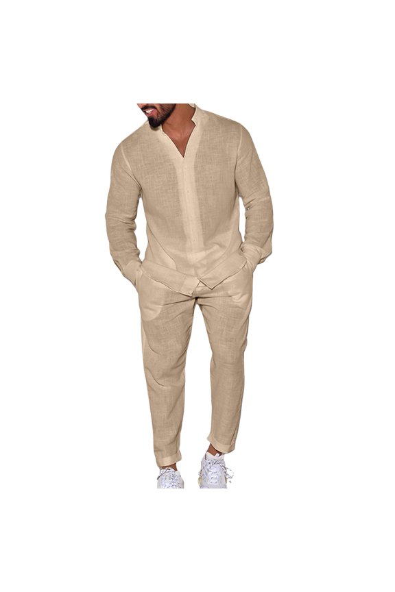 Casual Tracksuits Set Mens Suit Linen Fall Casual Suit Long Sleeved Fashion Workwear Pants Foreign Trade Two Piece Set Men Jogging Suits Sets Brown