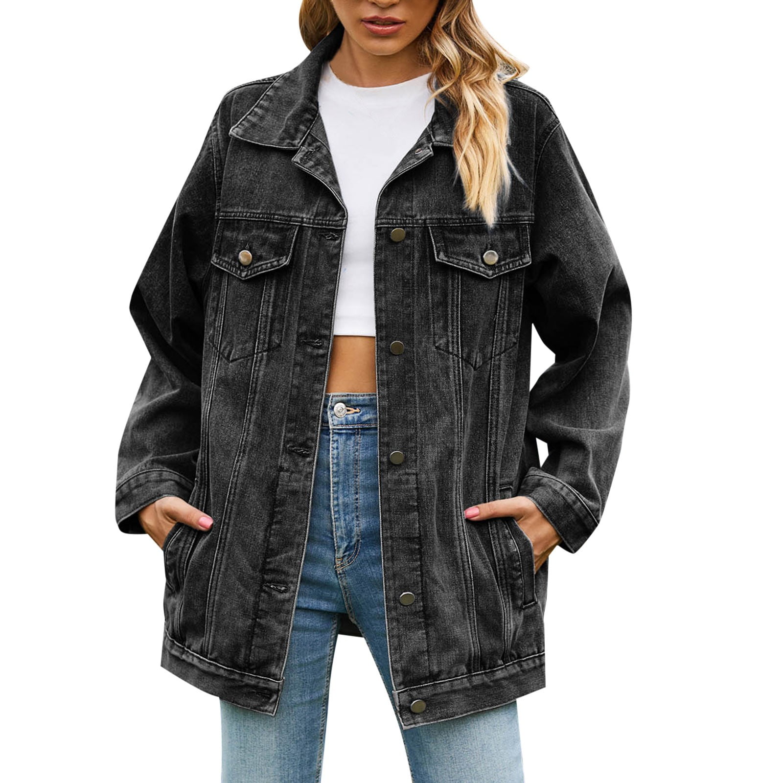CZHGKM Motorcycle Jacket Ladies Slim Retro Classic Loose Denim Jacket Top Coats Trendy Casual