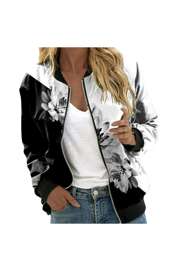Sports Jackets for Women Womens Casual Daily Jackets Lightweight Zip Up Casual Jacket Floral Print Coat Stand Collar Short Sports Outwear Zipper Tops Gray L2