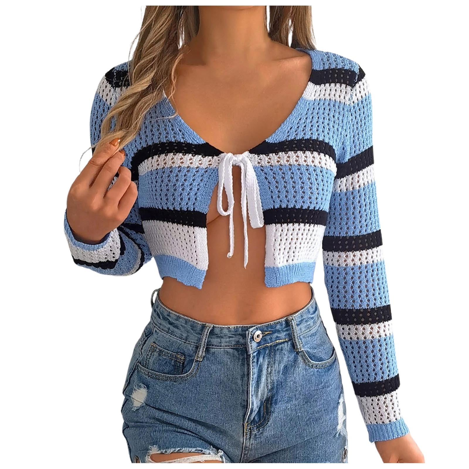 CZHGKM Women Workout Tops 2025 Women's C Solid Knot Open Navel Knitwear
