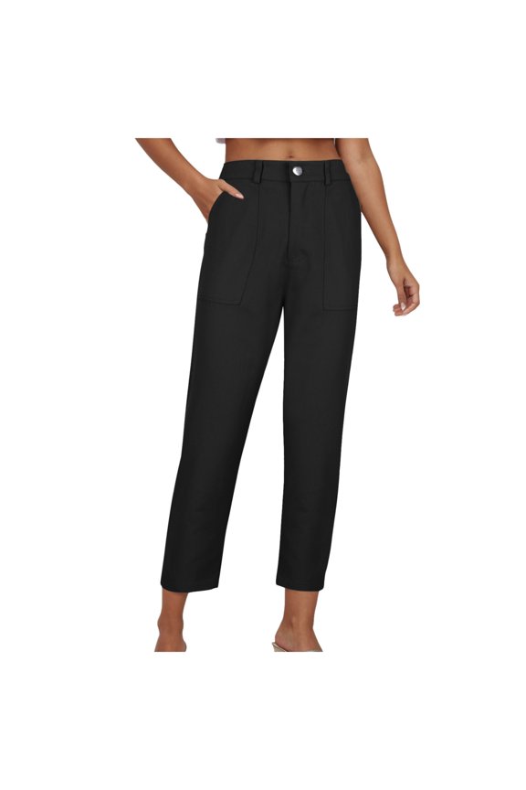 Women's Athletic Pants Women Cropped Work Pants High Waisted Business Casual Tapered Leg Trousers with Pockets Black L2