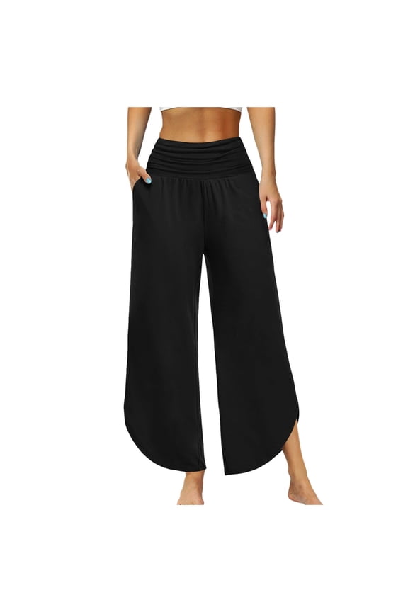 Women's Lounge Pants Comfy Solid Harem Yoga with Pockets Leg Sport Workout Casual Trousers Wide Leg Long Pants for Women Black L2