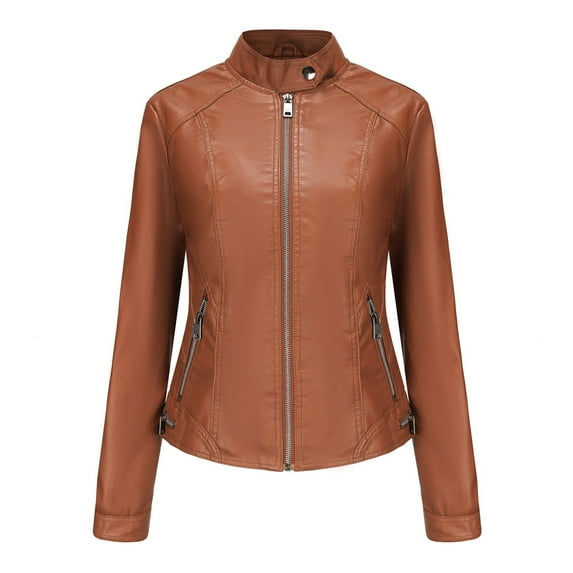 CZHJS 2023 Trendy Fall Tops Long Sleeve Outwear Spring Casual Stand up Collared Zip up Leather Jacket Women's Solid Color Fashion Clothing Slim Moto Biker Brown L Shirts