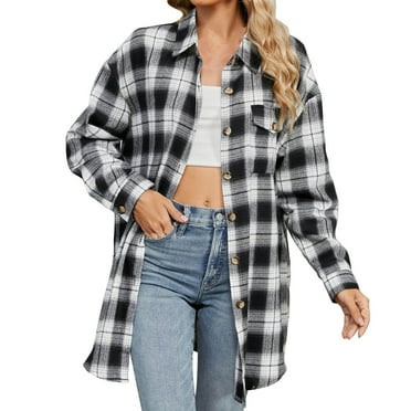 CZHJS Collared Shirt Jacket Button Down Plaid Shirt for Women Long Plaid Shacket Lightweight Flannel Jackets with Pockets Long Sleeve Fashion Fall Cardigan Sweaters Oversized Blouses Shirts Black,XL