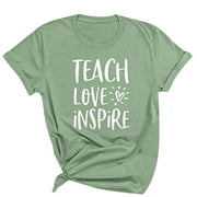CZHJS Crewneck Tops Teach Love Inspire Shirt Casual Elegant Dressy Women T-Shirts Summer Tunic Teacher Tops Short Sleeve Tees Loose Fitting Green XL