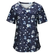 CZHJS Flora Printing Vacation Shirt Women T-Shirts Short Sleeve Tees Summer Tunic V-Neck Tops Loose Fitting Casual Elegant Dressy Navy L