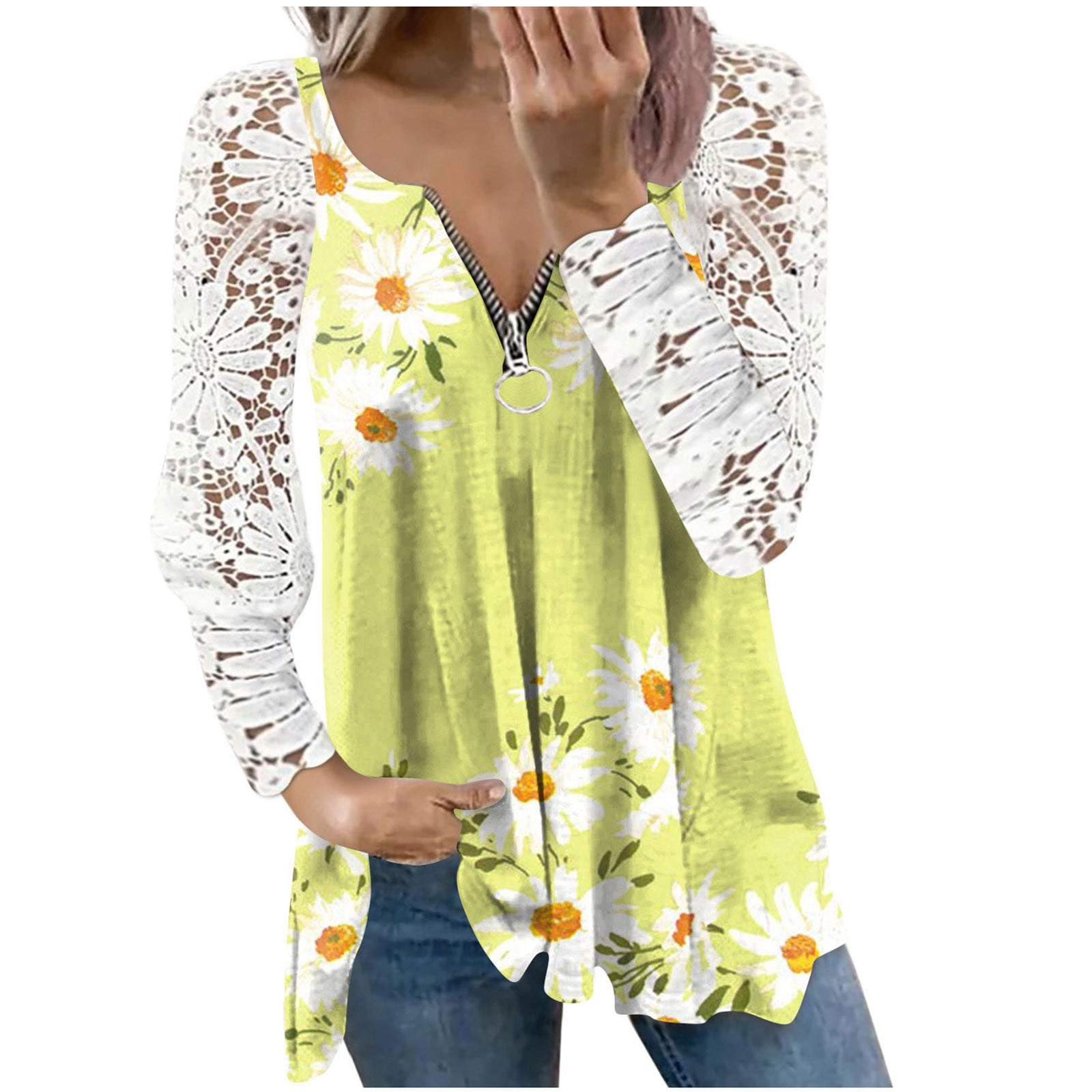 CZHJS Gradient Color V-Neck Lace Patchwork Sleeve Sexy Tops Quater Zip ...