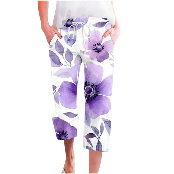 CZHJS High Waist Comfy Boho Summer Beach Pant Women Floral Printing Capris Hiking Pants for Ladies Pencil Pants Workout Tights Capri Yoga Leggings Compression Pants