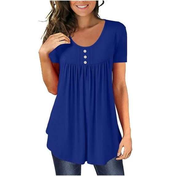 CZHJS Loose Fitting Pleate Flowy Shirt Short Sleeve Tees Henley Neck Tops Summer Tunic Women T-Shirts Solid Color Casual Elegant Dressy Dark Blue S