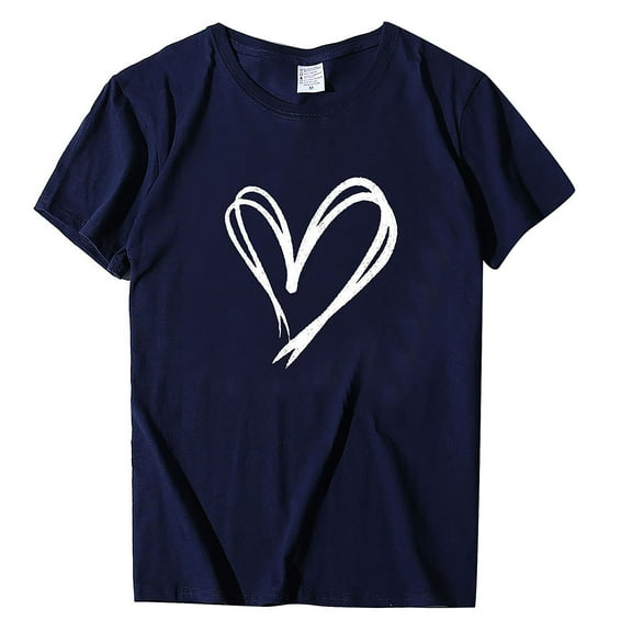 CZHJS Short Sleeve Tees Casual Elegant Dressy Women T-Shirts Loose Fitting Summer Tunic Love Heart Print Vacation Shirt Round Neck Tops Navy M