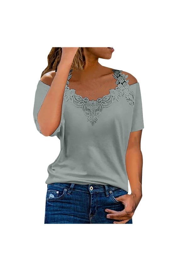 Summer Tunic Loose Fitting Patchwork Lace Splicing Shirt V-Neck Tops Short Sleeve Tees Casual Elegant Dressy Women T-Shirts Gray M