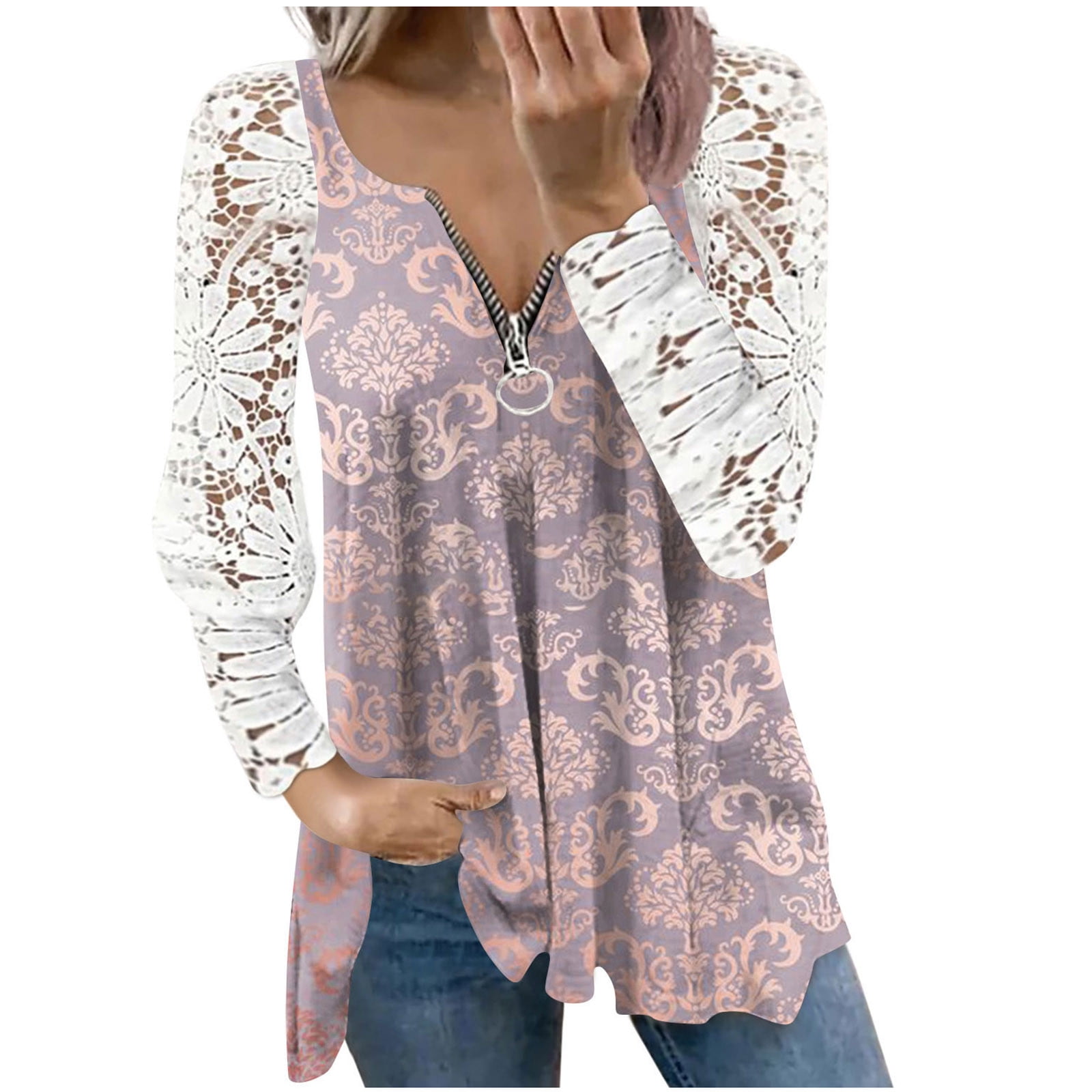CZHJS Tie Dye V-Neck Lace Patchwork Sleeve Sexy Tops Quater Zip Shirt ...