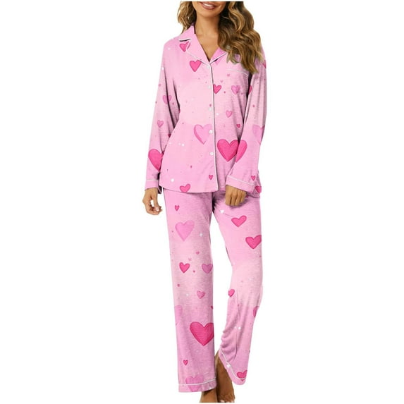 CZHJS Valentine's Day Long Sleeve Party Holiday Loungewear Womens Pajamas Pajama Wide Leg Pants and Button Down Collared Shirts Sets2 Piece Matching Outfits Plus Size Pj Sets