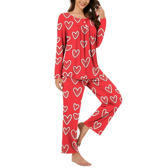 CZHJS Valentine's Day Pajamas for Women Set Plus Size Womens Long Sleeve Festival Party Holiday Loungewear Pajama Wide Leg Pants and Scoop Neck Shirts Sets 2 Piece Pj Sets Matching Outfits