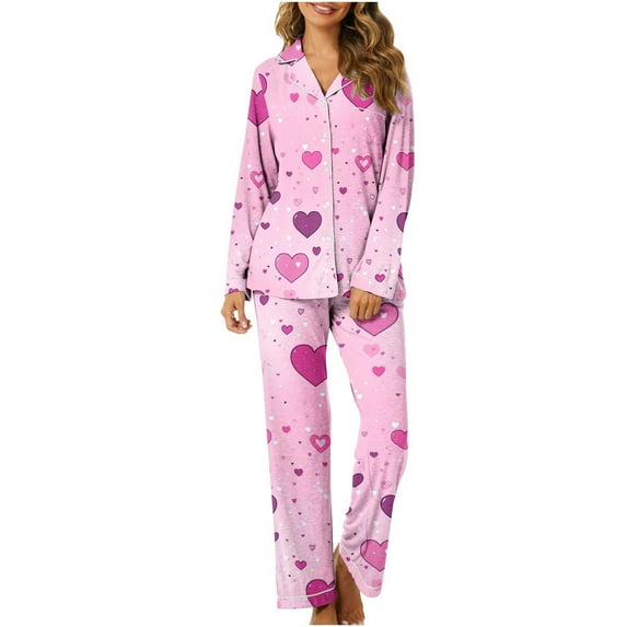 CZHJS Valentine's Day Womens Pajamas Long Sleeve Party Holiday Loungewear Matching Outfits Pj Sets Plus Size Pajama Wide Leg Pants and Button Down Collared Shirts Sets2 Piece