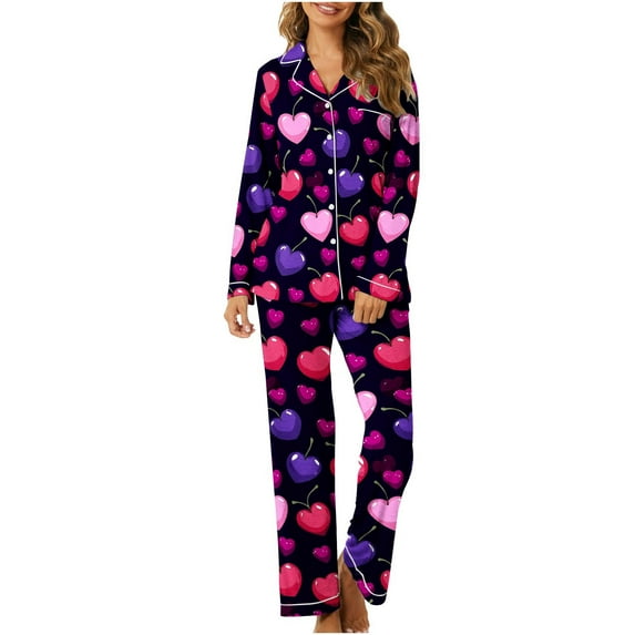 CZHJS Valentine's Day Womens Pajamas Long Sleeve Party Holiday Loungewear Matching Outfits Pj Sets Plus Size Pajama Wide Leg Pants and Button Down Collared Shirts Sets2 Piece