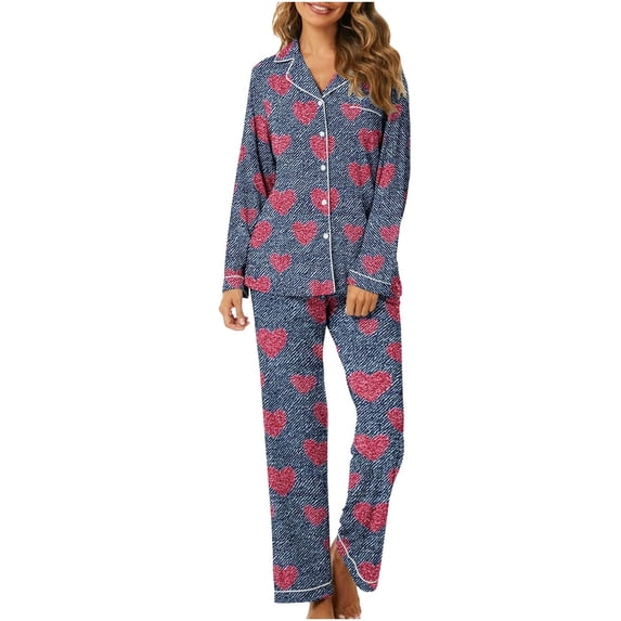 CZHJS Valentine's Day Womens Pajamas Long Sleeve Party Holiday Loungewear Pj Sets Matching Outfits Pajama Wide Leg Pants and Button Down Collared Shirts Sets2 Piece Plus Size