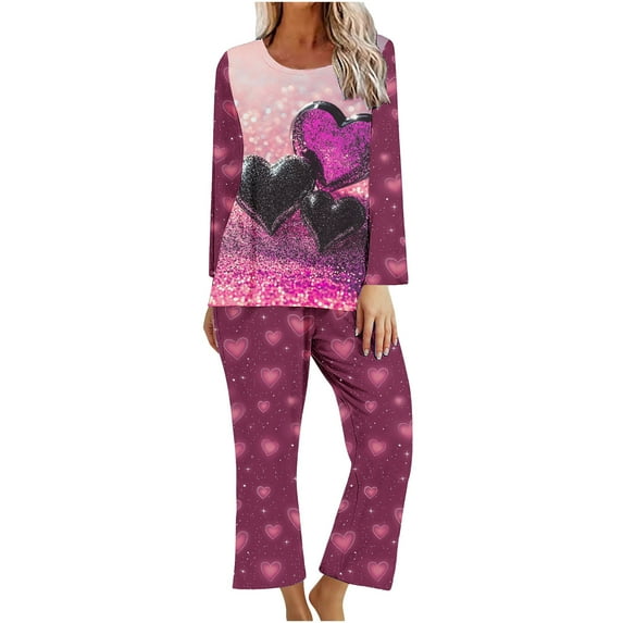 CZHJS Valentine's Day Womens Pajamas for Women Set Long Sleeve Festival Party Holiday Loungewear Pj Sets Matching Outfits Pajama Wide Leg Pants and Scoop Neck Shirts Sets 2 Piece Plus Size
