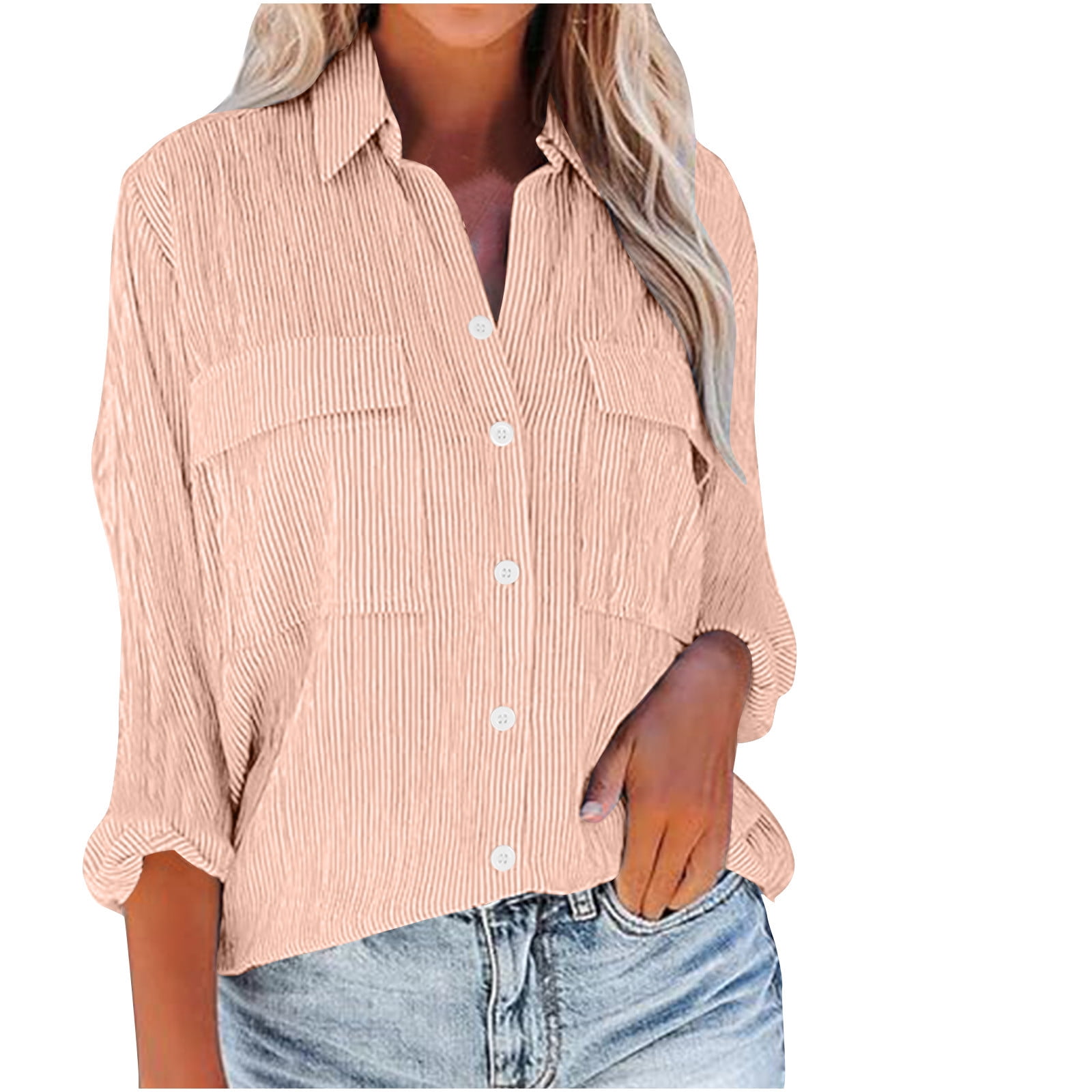 CZHJS Women's 3/4 Sleeve Tops Striped Button Down Shirt V Neck Dressy