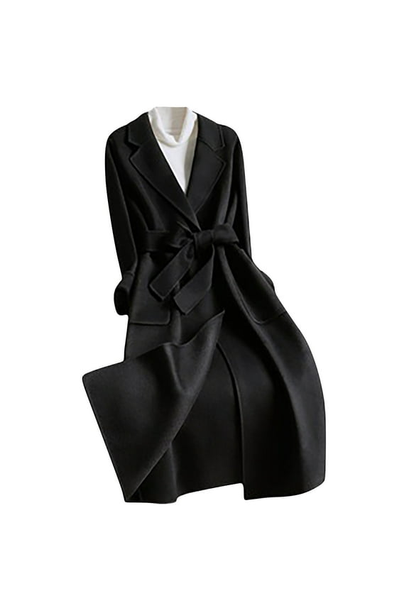 Women's Baggy Maxi Duster Outwear Notch Stand Collared Coat Trendy Solid Color Lady Casual Jackets Fleece Lined Long Sleeve Trench Coat Winter Clothes Black M