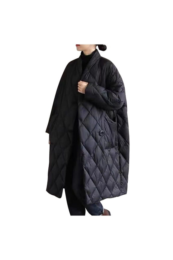 Women's Baggy Maxi Duster Outwear Trendy Long Sleeve Trench Coat Lady Casual Jackets Notch Stand Collared Coat Thickened Outwear Coat Winter Clothes Solid Color Black XL