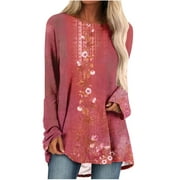 CZHJS Women's Comfy Elegant Pullover for Leggings Clearance 2023 Trendy Work Casual Loose Long Sleeve Shirts Round Neck Western Ethnic Printing Tops Dressy Blouse Vintage Clothing Fashion Red XL