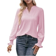CZHJS Women's Comfy Elegant Swing Tunic for Leggings Clearance Casual Loose Fashion Solid Color Tops V-Neck Vintage Clothing Long Sleeve Shirts Business Flowy Blouse 2023 Trendy Work Pink XL