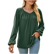 CZHJS Women's Comfy Elegant Swing Tunic for Leggings Clearance Long Sleeve Shirts V-Neck Fashion Vintage Clothing 2023 Trendy Work Casual Loose Solid Color Tops Business Flowy Blouse Green XL